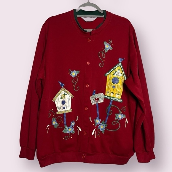 Blair Sweaters - Vintage Blair Red and Yellow Birdhouse Cardigan Sweater XXL